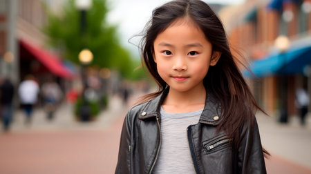 portrait of little Asian girl in cityの素材