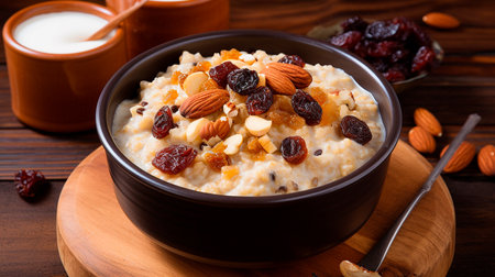 bowl of oatmeal porridge with raisins and dried apricotsの素材