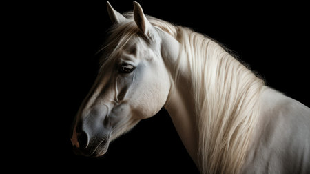 portrait of beautiful white arabian stallion in motion on black backgroundの素材
