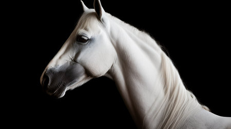 portrait of beautiful white arabian stallion in motion on black backgroundの素材