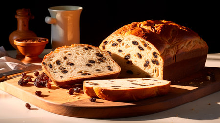 delicious homemade chocolate with nuts and raisins on wooden tableの素材