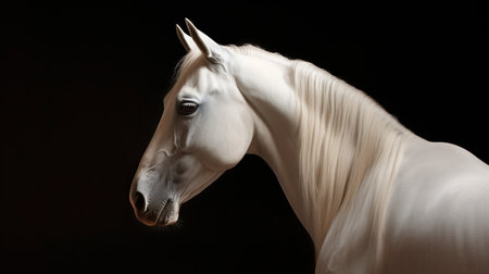 portrait of beautiful white arabian stallion in motion on black backgroundの素材