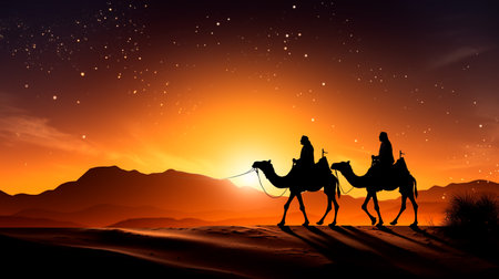 camels at christmas scene, star and desertの素材