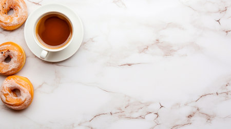 sweet donuts and cup of coffee on white table, flat lay. space for textの素材