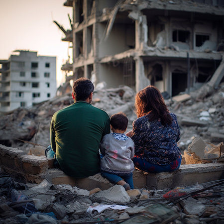 young couple of people with children sitting near the house in the cityの素材