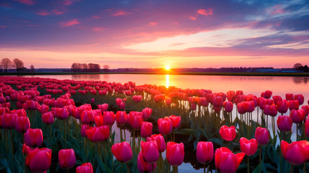 a field of pink tulips with a sunset in the backgroundの素材
