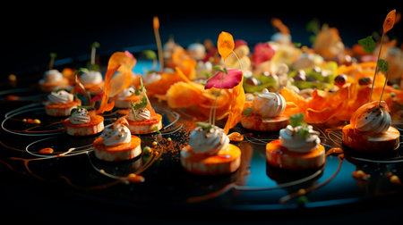 a bunch of skewers of food on a wooden trayの素材