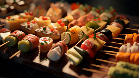 a bunch of skewers of food on a wooden trayの素材