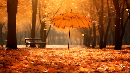 a blue umbrella sitting in a field of leavesの素材