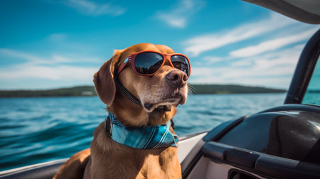 a dog wearing sunglasses sitting in a carの素材