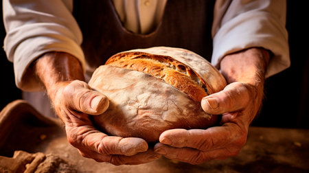 a man holding a loaf of bread in his handsの素材