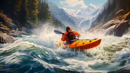 a man in a kayak is in a large waveの素材