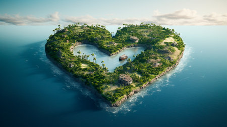 a heart shaped island with a pool and a beachの素材