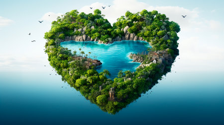 a heart shaped island with a pool and a beachの素材