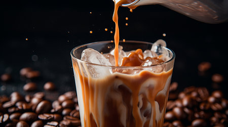 a glass of iced coffee with ice cubesの素材