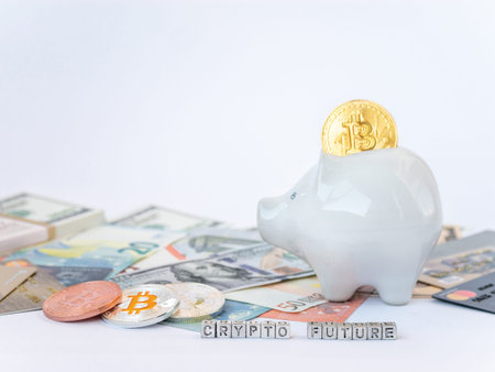 Bitcoins, New Virtual Money concept in piggy bank. Gold bitcoins with name Crypto Future on dollars'...