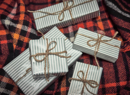 New year gift decoration on a cloth. New Year and Christmas background. Holiday concept