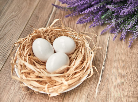 Easter composition on wall, Easter background with Easter eggs in nest and spring flowers. Top view...