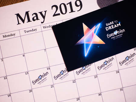 KYIV, UKRAINE - February 2019: Schedule of Eurovision Song Contest 2019. Dare To Dream, Heart as Symbol of Eurovisionのeditorial素材