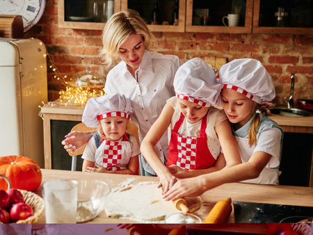 Young Mother with her Kids at the kitchen cook dough. Family relationships