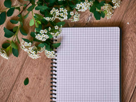 Top view of open blank notebook, bouquet, flower. Travel and adventure concept, journey diary.の写真素材