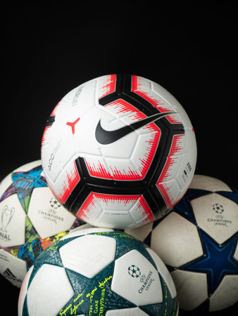 Kyiv, Ukraine - May 20202. Soccer balls on black background copy space
