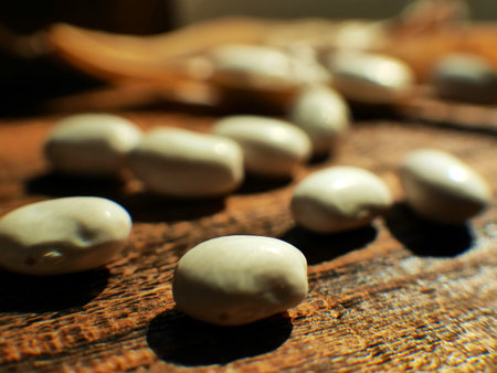 white kidney beans on wooden background. Dried organic harvest of white beans.