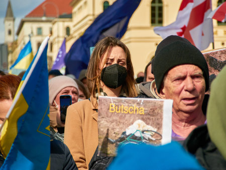 Demonstration Stop War in Ukraine. Banner Bucha Photo. Save Ukraine. No war, stop war, russian...