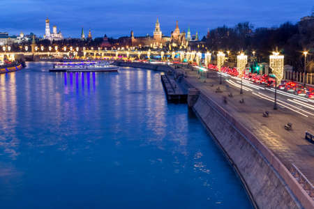 Night view of the Kremlin and the Moskva River in winter with New Years illumination, Moscow, Russia. Copy spaceの写真素材