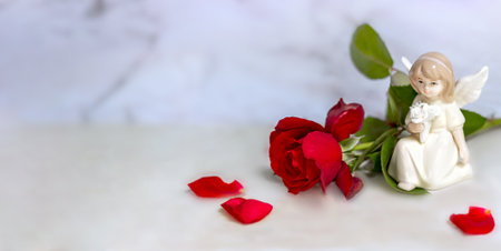 Banner. Cute angel with red roses on a white marble background. The theme of love. valentines day. A postcard for the holidays. Happy Angel Day. Space for text. Copy spaceの写真素材