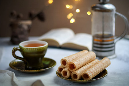 Chinese waffle egg roll with green tea on New Year's holiday.