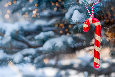 Christmas blue spruce covered with snow outdoors on a clear winter day. Decorated with a red...