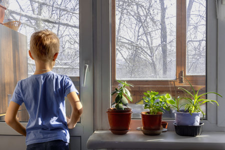 The boy looks out the window at the snow-covered trees in anticipation of the imminent onset of spring. Childhood dreams. Hope for the best. A sunny day. Copy spaceの写真素材
