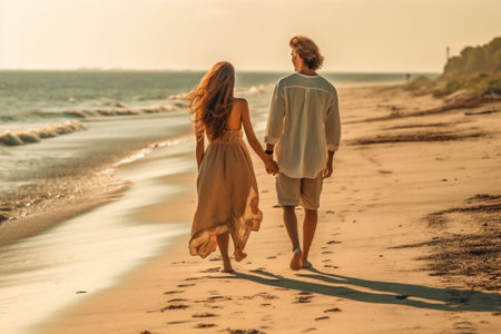 Loving couple - bride and groom, holding hands, walking along the beach. Love, happiness together. Generative AIの素材