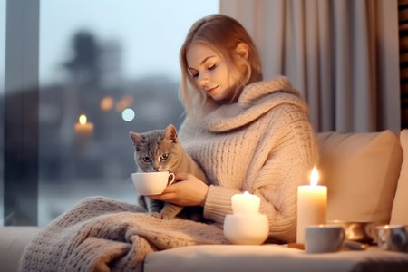 A young woman, covered with a warm, soft plaid, amuses herself with her cat, offering her coffee. A relaxing, comfortable way of life. Hygge. generative aiの素材