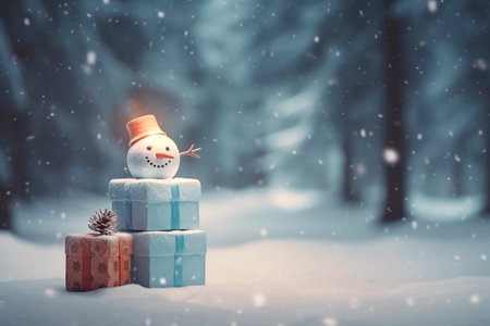 Funny snowman with gifts in snowy forest gives direction. Copy space. Postcard, invitation for Christmas and new yearの素材