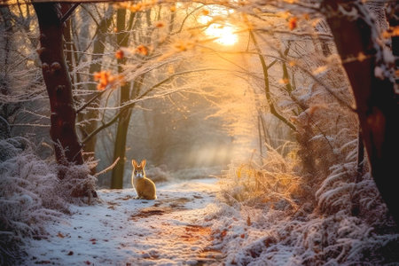 hare i fabulous Christmas winter forest. Sunset rays of sunの素材