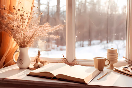 idea of coziness, hygge, home comfort. Snowy forest outside window. Coffee, scarf and notebook. mockupの素材