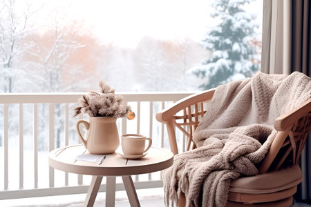 Interior of balcony with armchair, blanket, coffee, notebook, branches of Christmas tree. View of winter landscape.の素材