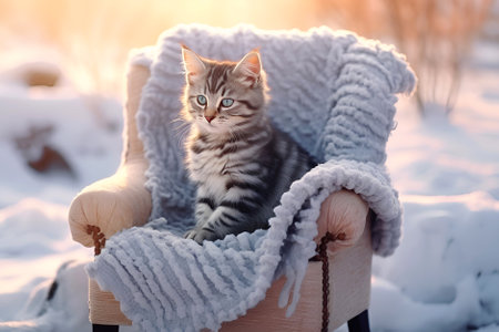 cute kitten sits in soft chair with warm blanket outside in winter. Pet furniture. Caring for animals.の素材