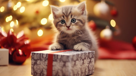 funny kitten with present under Christmas tree. hunting and giving.banner.の素材