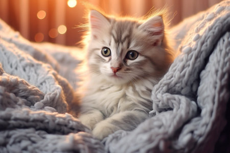An adorable fluffy kitten basks on soft knit sweaterの素材