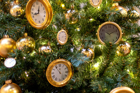 Lots of different gold watches on Christmas tree. Festive decorationsの写真素材