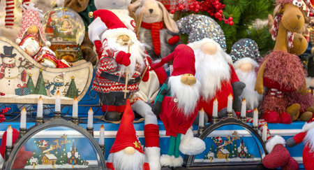 Fairytale Nordic Christmas characters on store counter. Soft toys. Gnomes, hares, rabbits, reindeer....