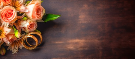 Wedding background with roses and wedding rings. Dark concrete. Banner, copy space.の素材