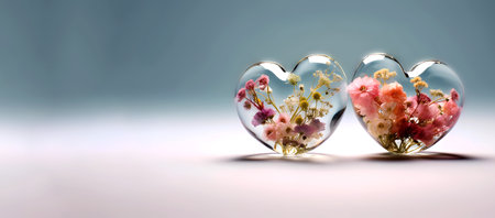 Two glass hearts with flowers inside. Love, romance, Valentine's Day. Postcard, congratulations. Banner, copy space.の素材