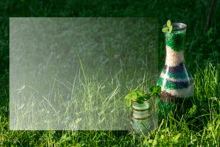 Emerald gradient frame for Saint Patrick's day. Bottle and wine glasses. Natural clover, shamrocks in sunny green meadow.の写真素材