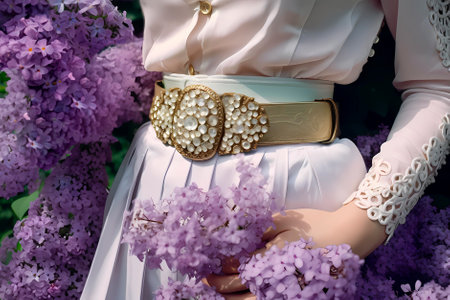 Waist of woman in silk dress adorned with vintage sash. drowning in lilac flowers on sunny spring day. Slimness, thinness, femininity.の素材