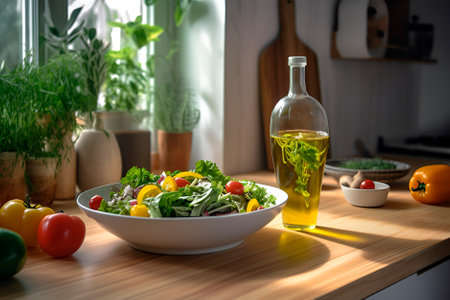 Vegetable salad and bottle of oil in sun-drenched kitchen. Lent. Healthy eating. Self-care.の素材