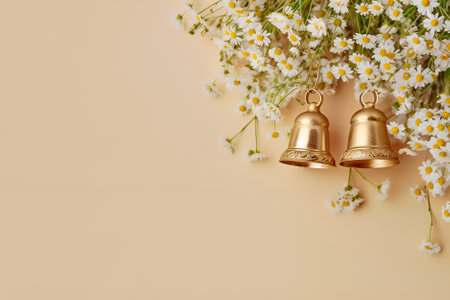 Peach background with daisies and golden bells. Rustic style, Cottagecore.の素材